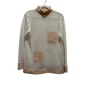 Tibi Size S White Beige Mesh Crochet Knit Turtleneck Long Sleeve Patch Top EUC